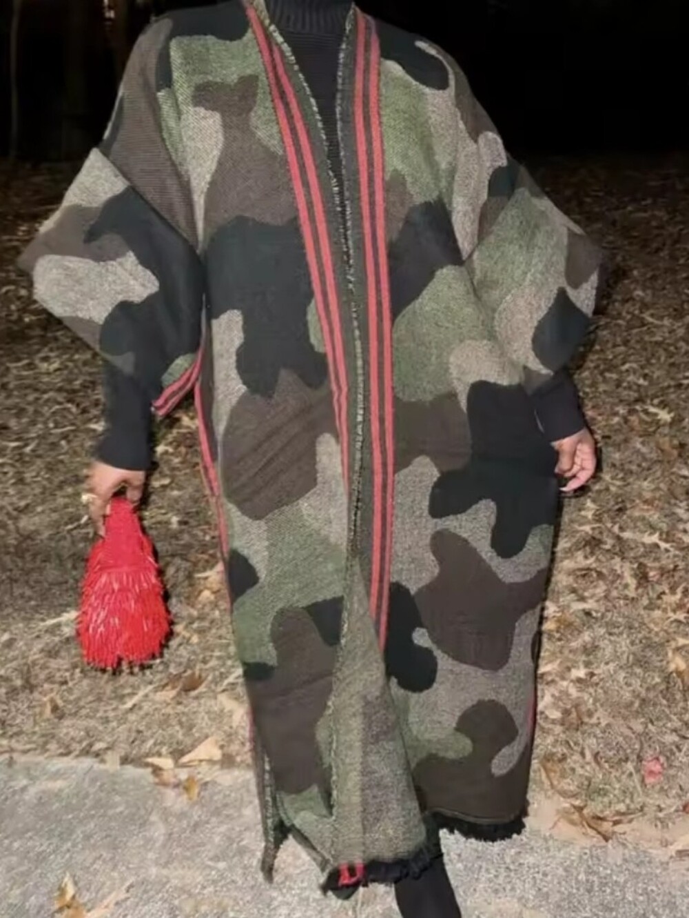 Camo Open-Front Oversized Kimono with Red Trim